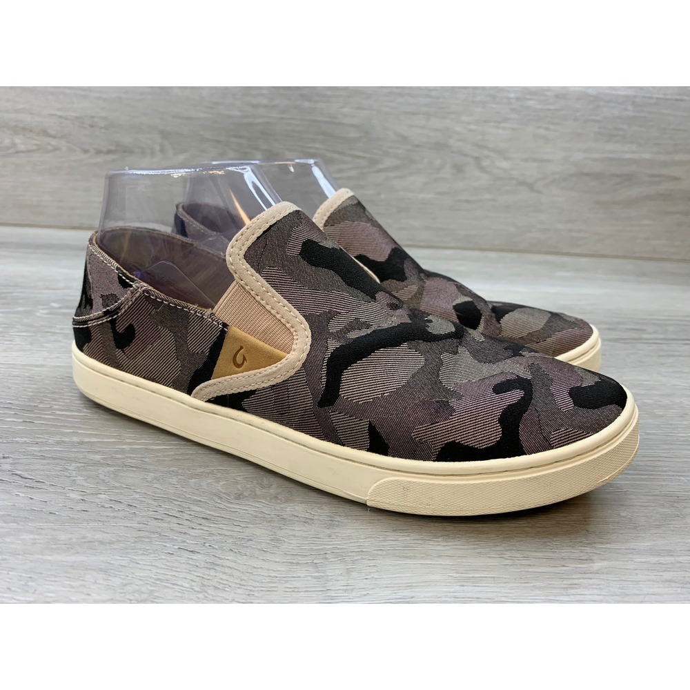 OluKai Pehuea Pa'i Black Camo Slip On Sneakers Women's 8 Casual Comfort Shoes
